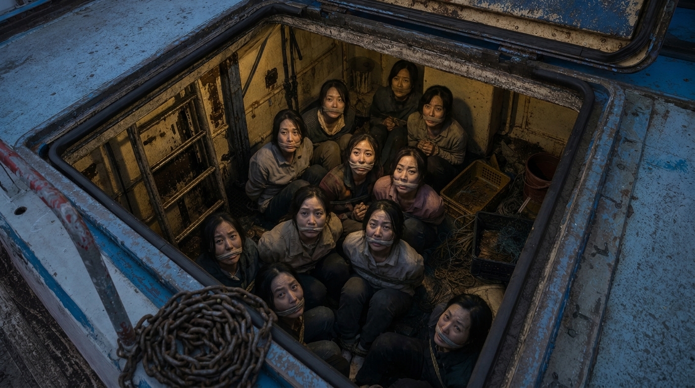 어창 안, 손발이 묶이고 입이 틀어막힌 채 공포에 질려 올려다보는 십수 명의 한국인 여자들의 창백한 얼굴들.
