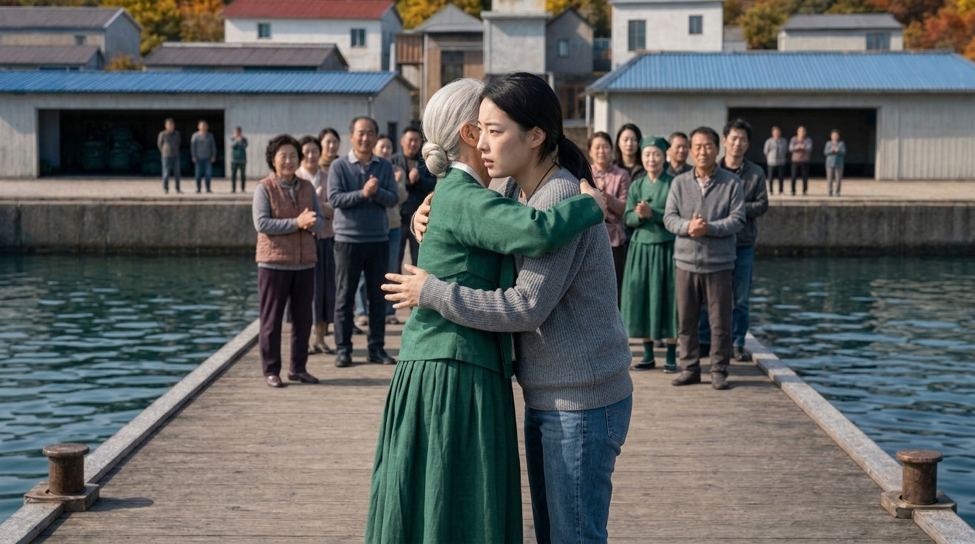 강영란(흰 머리 여자)의 품에 꽉 안긴 채 두 팔을 갈 곳 잃고 허공에 띄운 김지후(강수리영)의 당황한 옆모습.