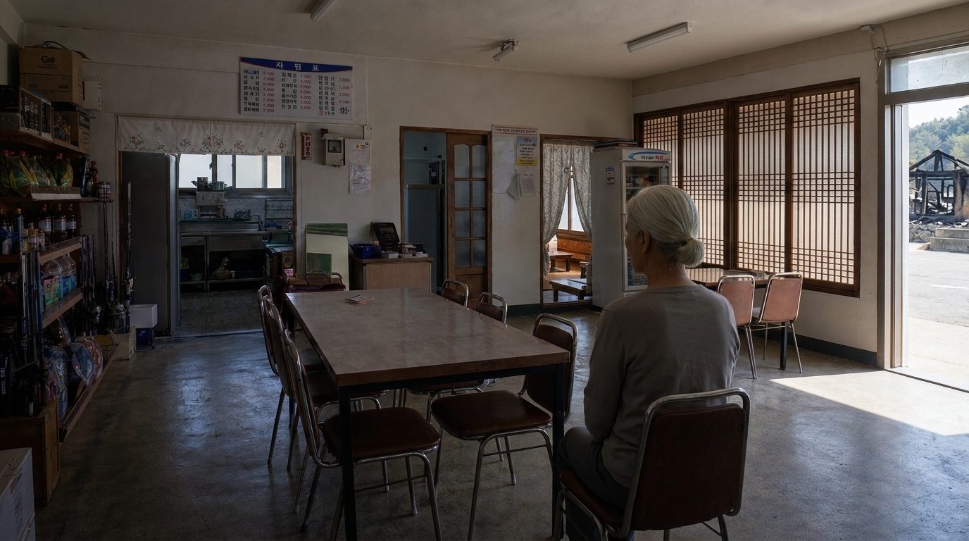 식당 테이블에 앉아 열린 문 너머 바깥을 뚫어지게 응시하는 강영란(흰 머리 여자)의 굳은 상체.