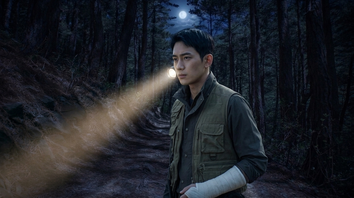 숲길에 서서 낯선 사람을 보듯 김지후(강수리영)를 응시하는 정인우의 서늘한 시선.