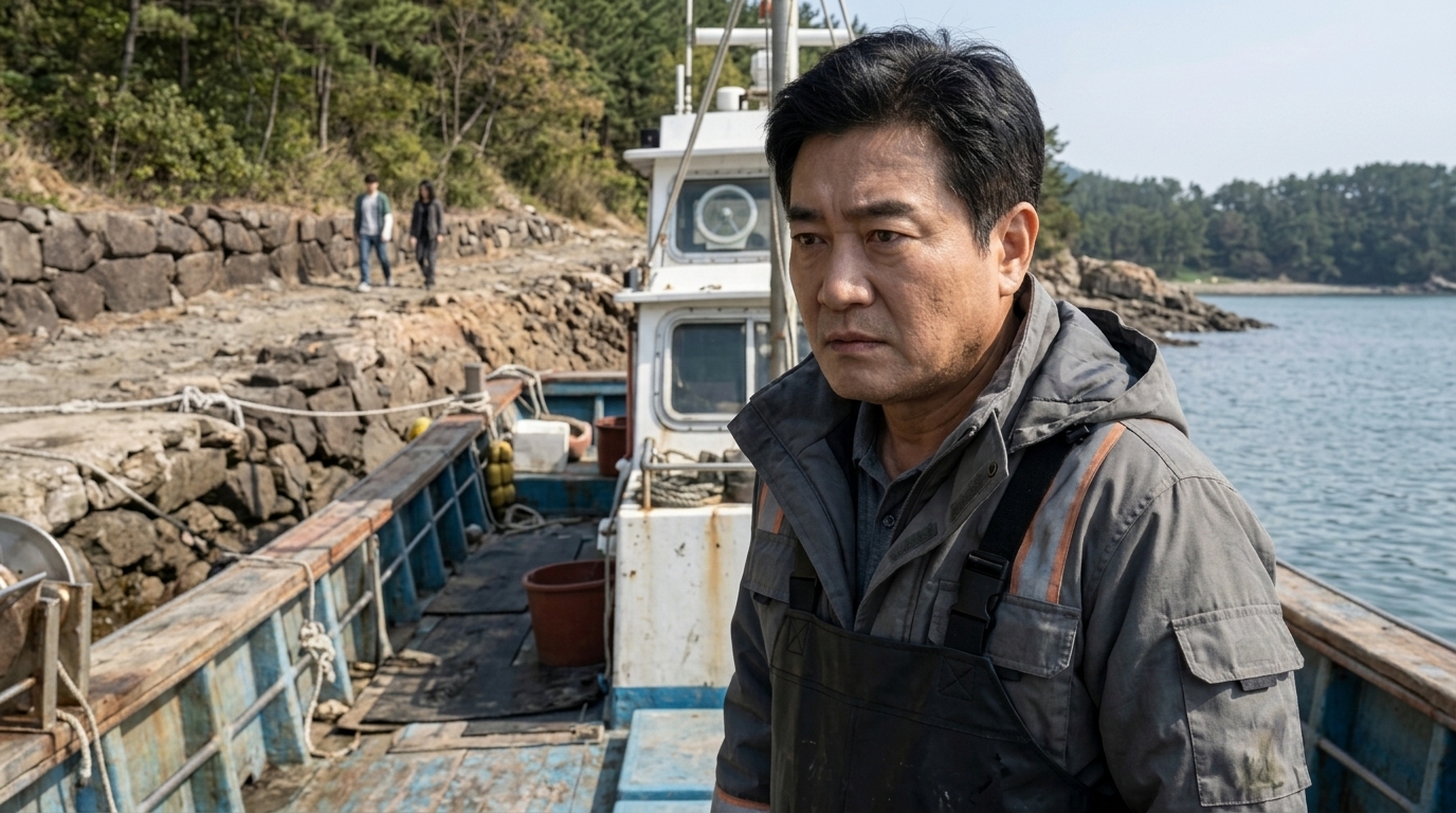멀리 떨어진 어선 위에서 숲으로 향하는 두 사람을 날카롭게 감시하는 황봉업(황 씨·민숙 집의 거구 남자)의 얼굴.