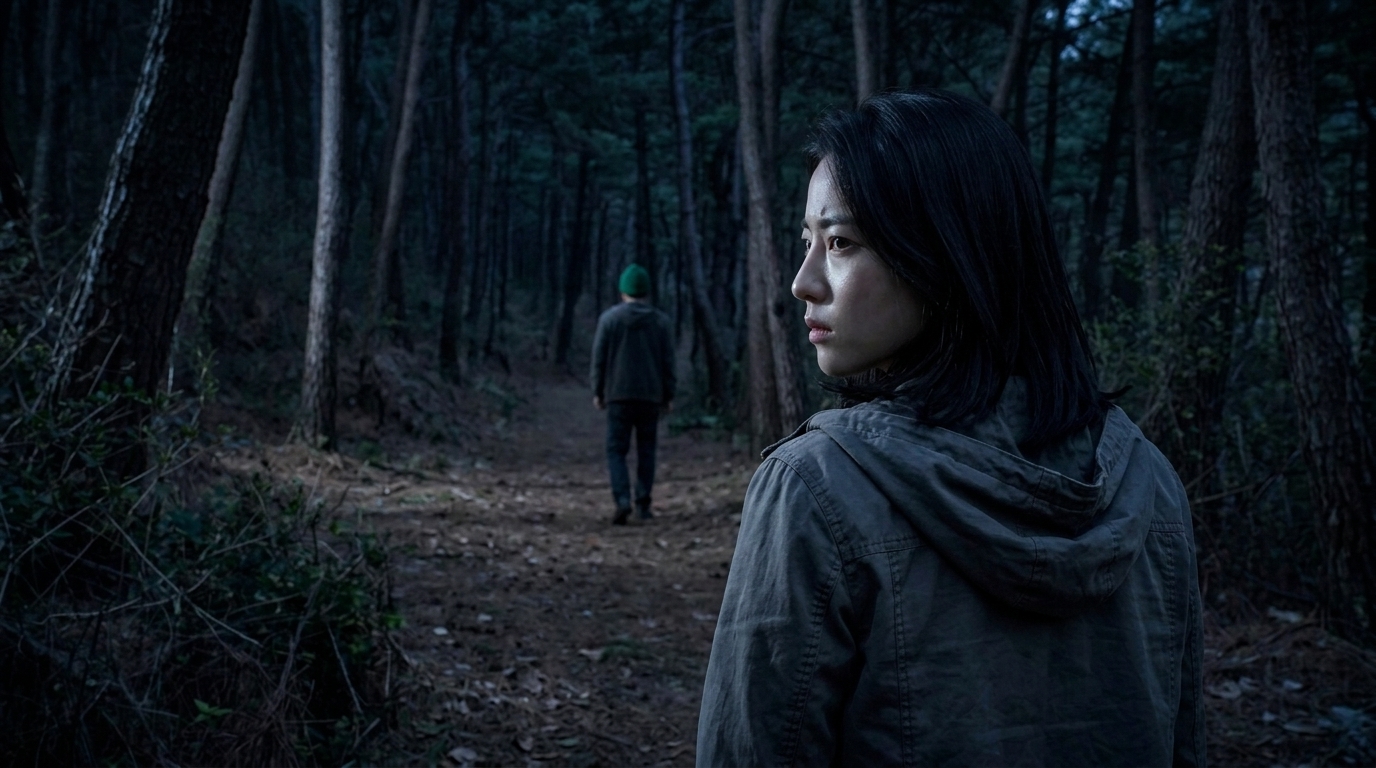 숲속으로 멀어져 가는 김여상의 뒷모습을 원망과 결의가 섞인 눈빛으로 노려보는 김지후(강수리영)의 얼굴.