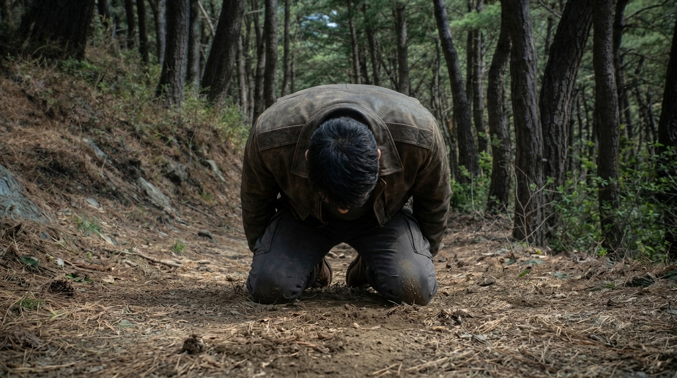 흙바닥에 두 무릎을 꿇은 채 고개를 푹 숙인 고산들의 무너진 상체.