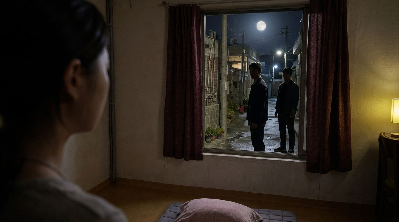 김지후(강수리영)의 시선 너머, 골목길에 우두커니 서서 식당 쪽을 감시하듯 쳐다보는 한국인 마을 청년 둘의 실루엣.