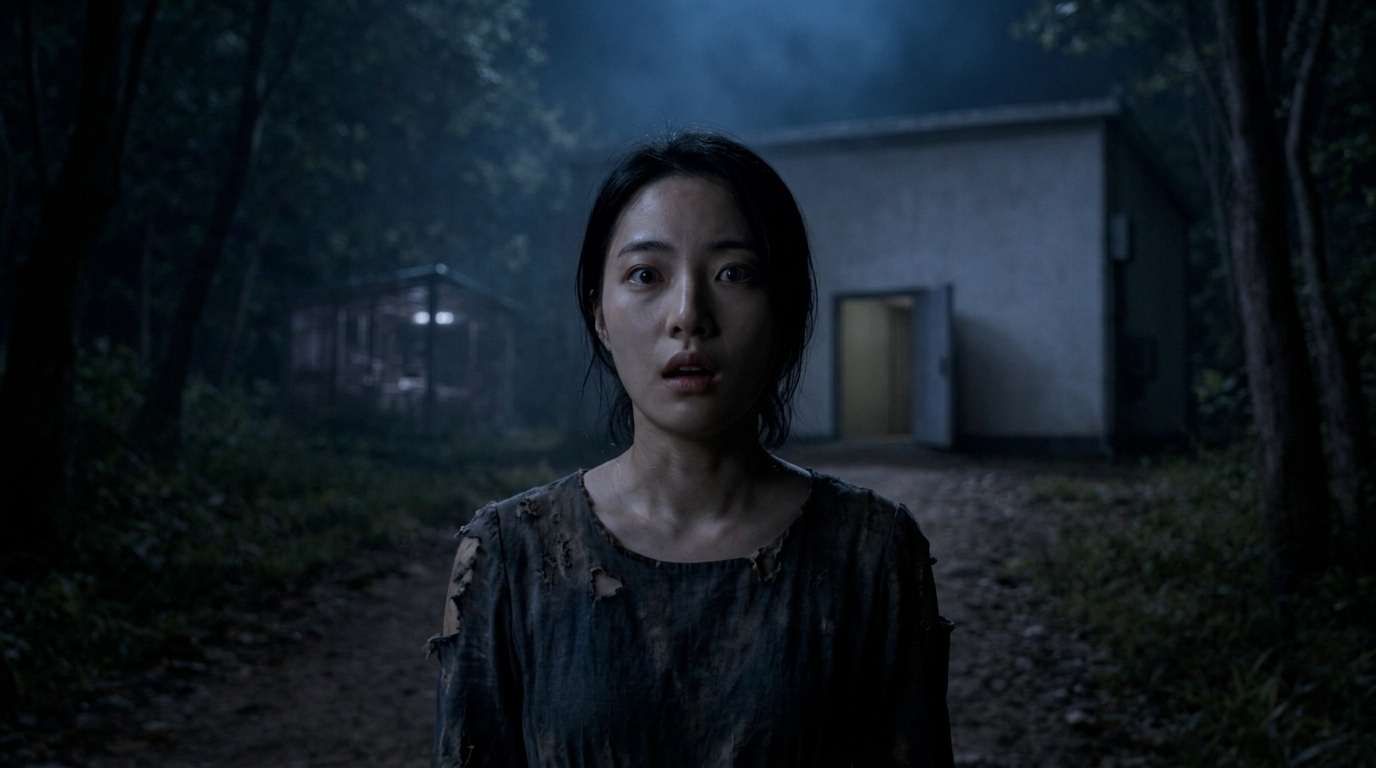 어둠 속 텅 빈 숲길에 덩그러니 선 채 어이없다는 듯 입을 반쯤 벌린 김지후(강수리영)의 멍한 표정.