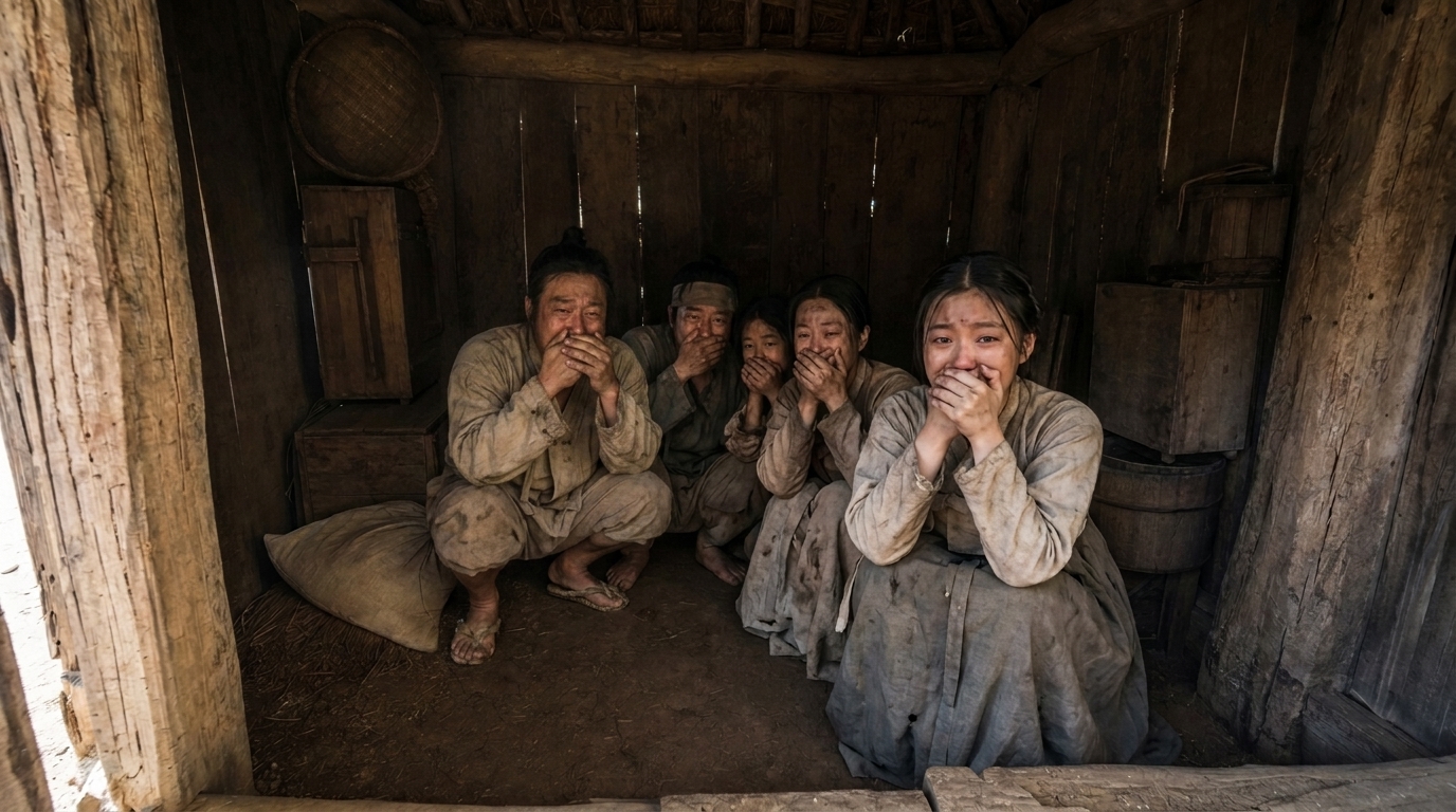 판자가 얼기설기 덧대어진 어두운 창고 안, 바닥에 웅크려 모인 채 양손으로 입을 꽉 틀어막고 눈물을 흘리는 조선인들의 모습.