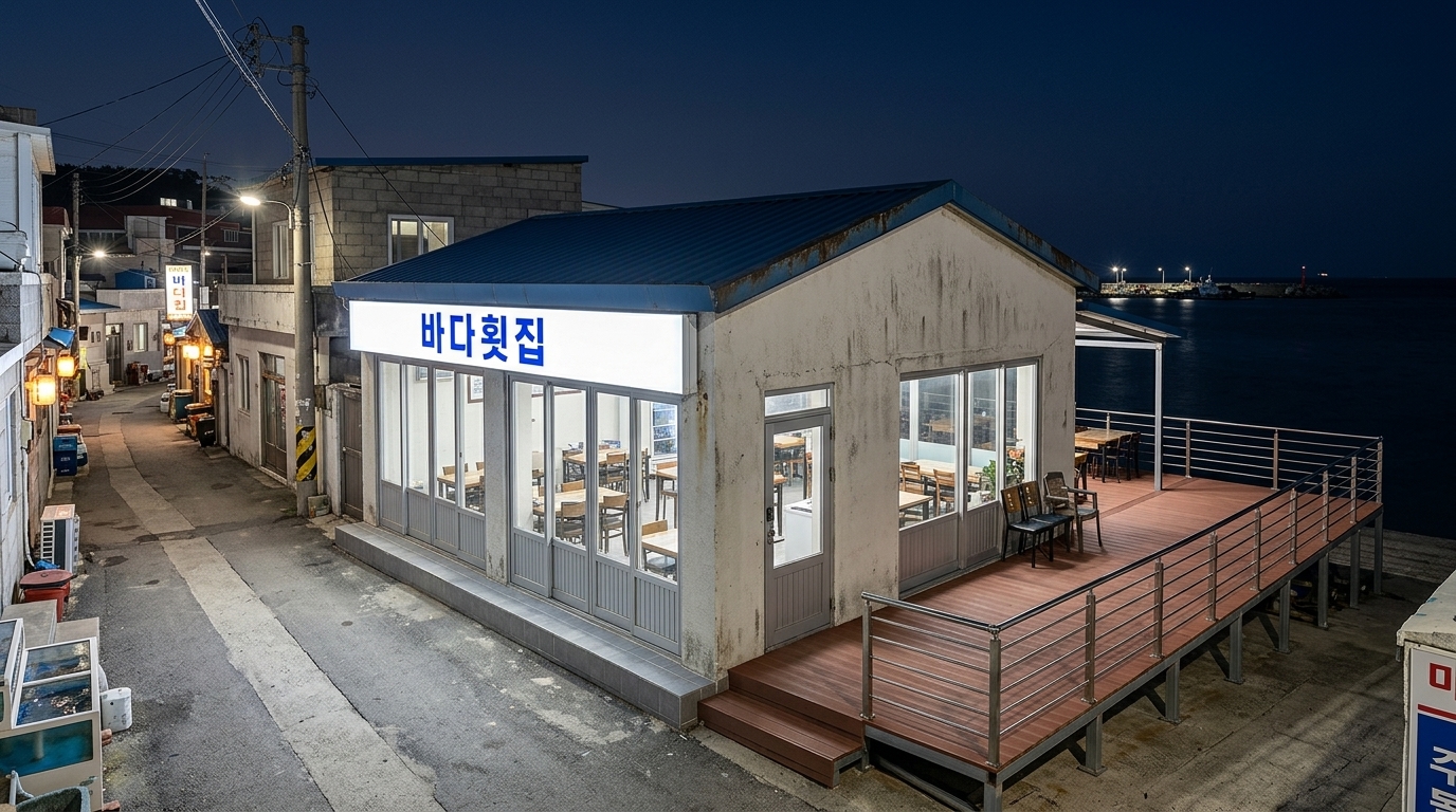 롤 B — 탈락. 4점 · 3위 · Shows 1 storey (matches 1). Fails multiple layout constraints: the deck is placed on the 9m gable end (failing the 14m length requirement), and the fascia is on the long side facing the street rather than the sea. Furthermore, the added vertical sign ('바다집') directly violates the strict rules against substituting the name and adding any other readable text.