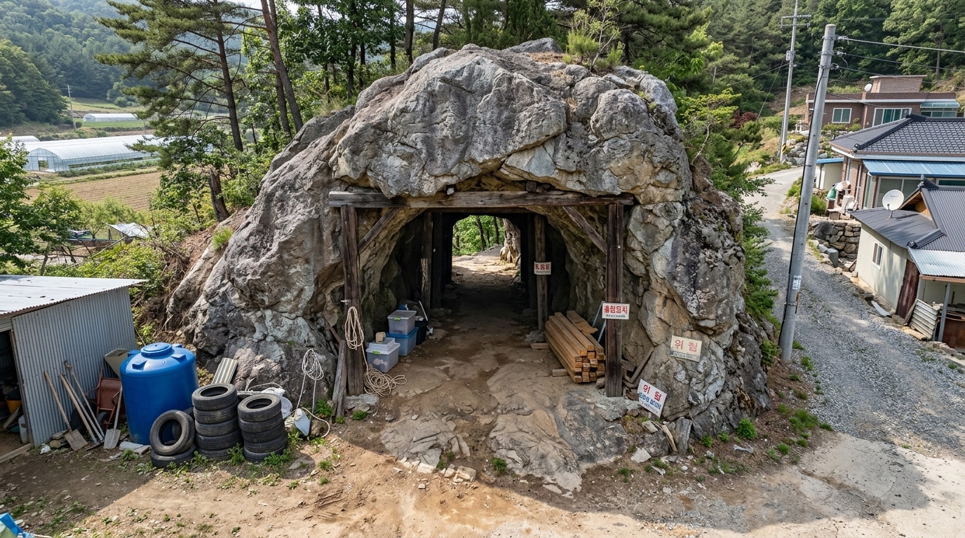 롤 A — 탈락. 0점 · 3위 · HARD VIOLATION: Physically impossible structure. Daylight is clearly visible through a very short tunnel just meters behind the entrance, making it impossible for this shallow rock mass to contain the committed 45-meter passage and 12x18m interior chamber.