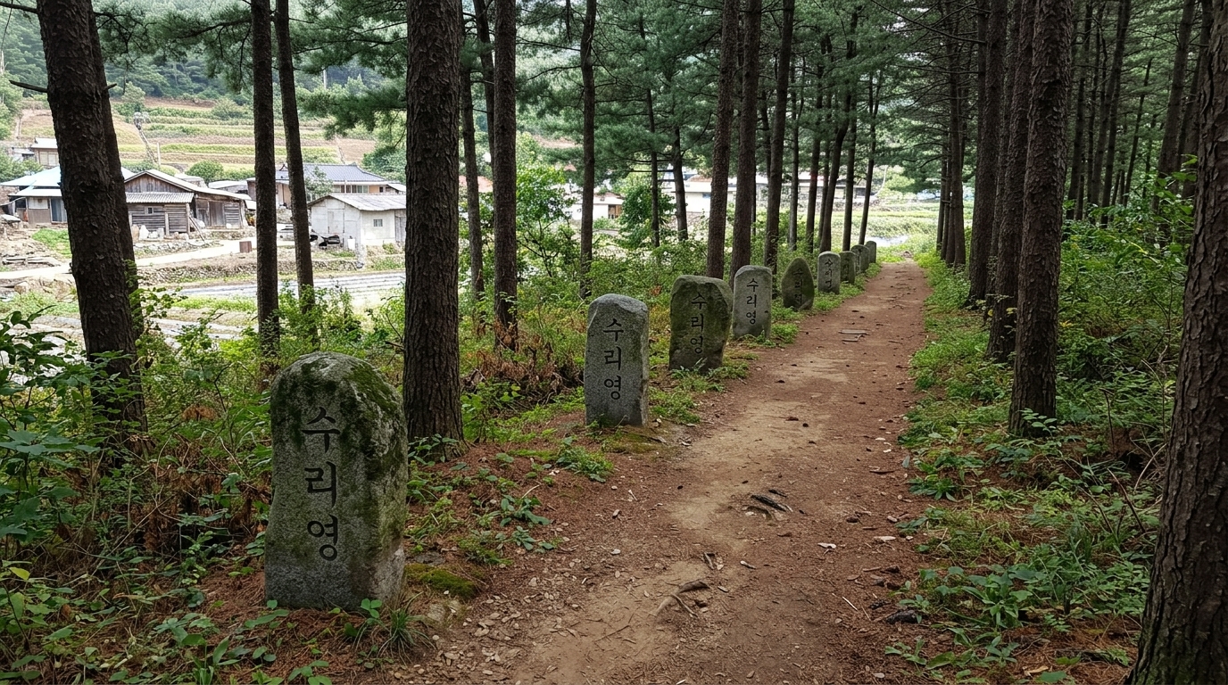 롤 C — 탈락. 7점 · 2위 · Maintains correct and legible '수리영' lettering across the visible markers. However, the stones are smooth, round boulders that ignore the rough-hewn rectangular form established by the reference, and the left side of the path lacks the dense pine enclosure described in the brief.
