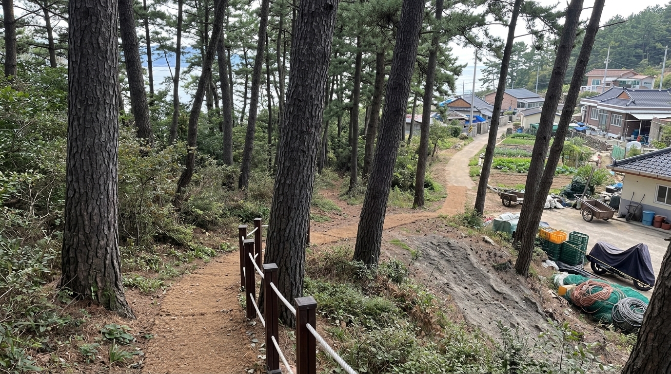 롤 C — 탈락. 5점 · 3위 · Passes the inhabited setting check and includes the necessary fittings, but fails the scene transient check by explicitly featuring a handcart and sacks on the right-hand pavement. Furthermore, the sequence is structurally incorrect, as the path abruptly drops off at a bare rock face rather than disappearing into undergrowth.