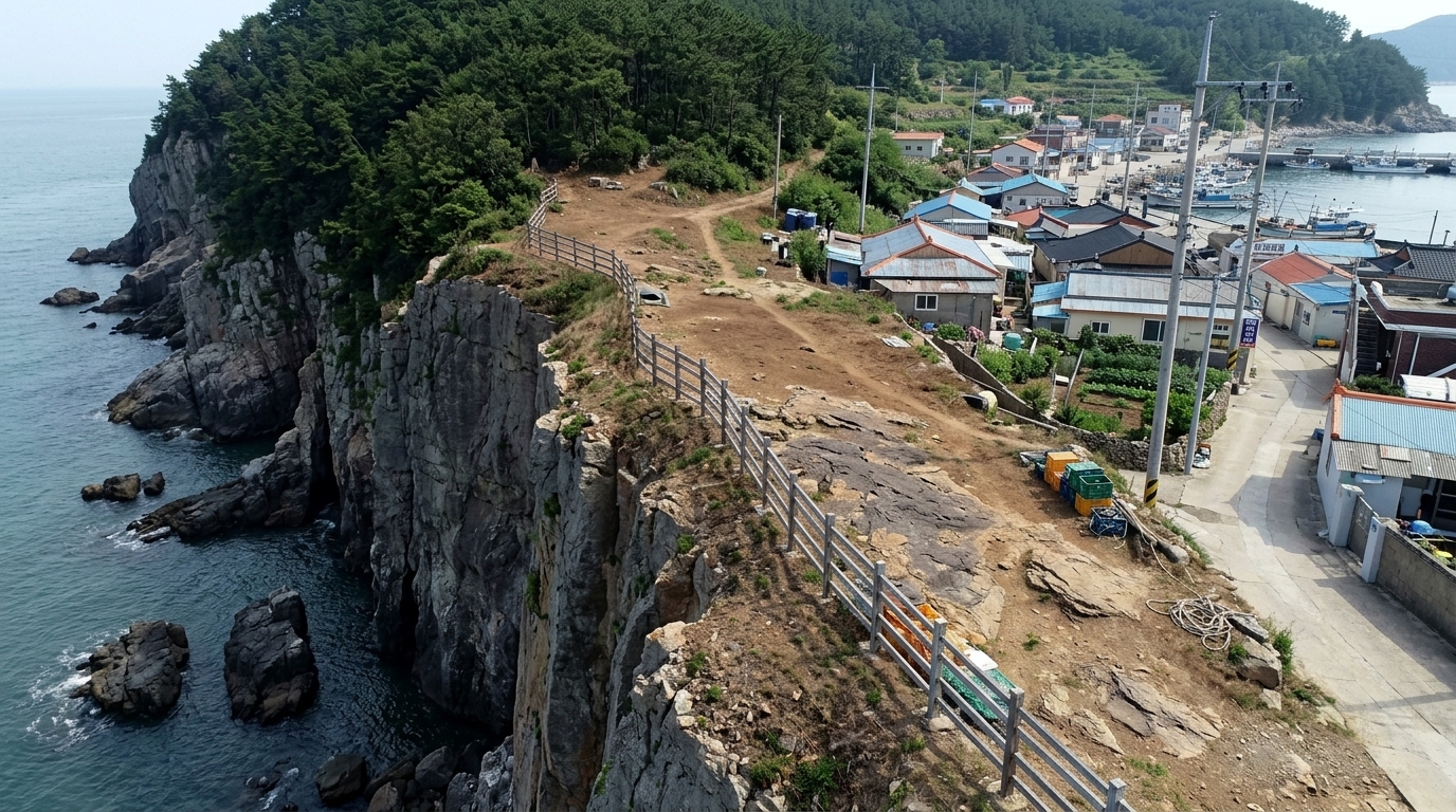 롤 B — 탈락. 6점 · 3위 · 1 storey found (on the added cliff-top houses), 0 committed. Violates the brief by placing built structures onto the target's cliff-top standing ground, interrupting the required natural inland-to-seaward topology.