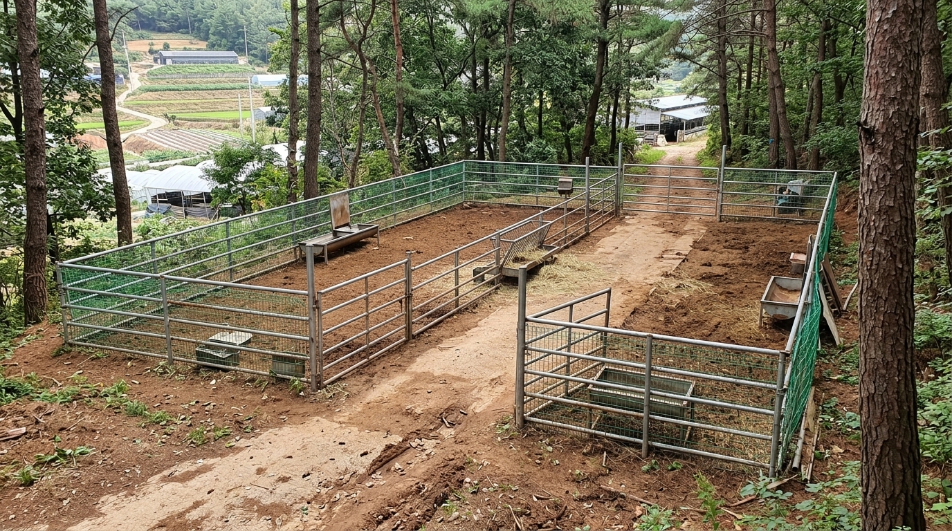 롤 B — 탈락. 4점 · 2위 · Violates the brief's layout by dividing the enclosure with a fenced central corridor and multiple inner pens (copying the reference layout rather than following the text). The route fails to cross the interior holding space, as it is fenced off from it.