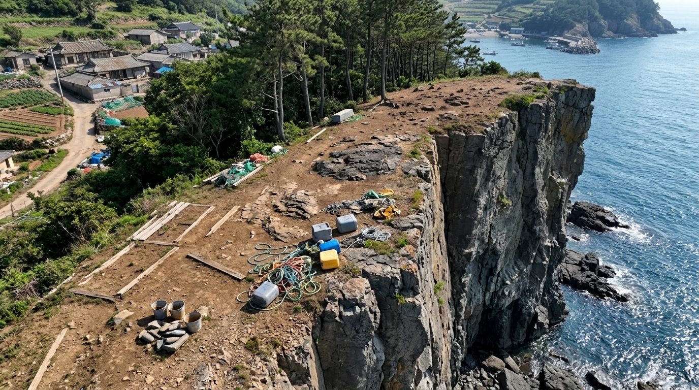 롤 C — 탈락. 8점 · 2위 · 0 storeys found, 0 committed. Presents an accurate natural cliff topology, but fails by prominently reproducing the explicitly excluded scene transients of breaking waves, sea foam, and a bright blue sea appearance.