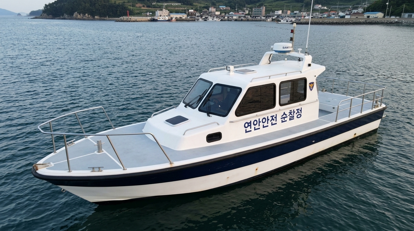 롤 A — ★ 선정. 10점 · 1위 · 모든 지침을 완벽하게 준수했습니다. 층수: 1 (지시문: 1). 지정된 텍스트 '연안안전 순찰정'이 정확하게 표기되었으며, 제외된 장면 일시적 요소(항적, 물보라 등)가 전혀 없이 선박과 항구의 구조가 사실적으로 묘사되었습니다.