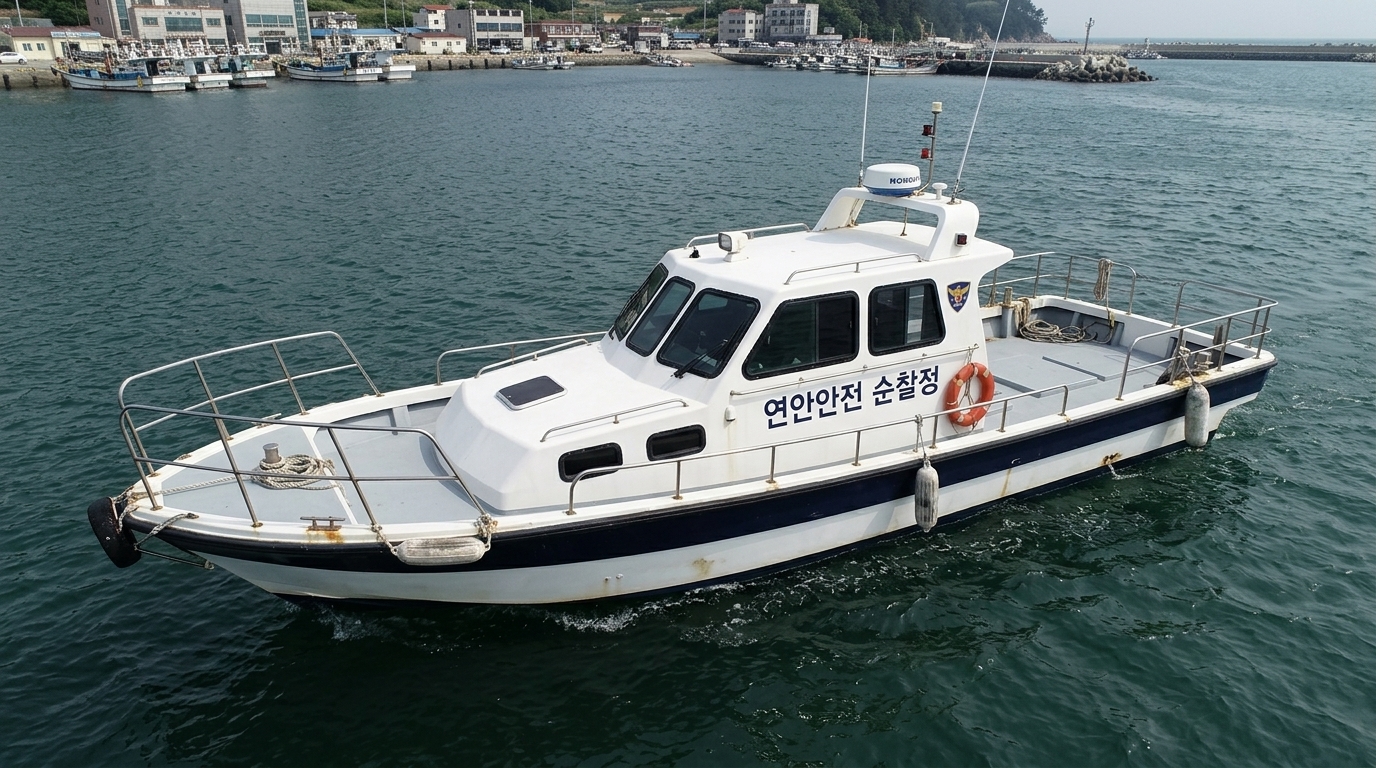 롤 C — 탈락. 4점 · 3위 · 층수: 1 (지시문: 1). 선체와 텍스트 묘사는 우수하나, 지시문에서 명시적으로 제외하도록 요구한 특정 장면의 일시적 요소(선수 부분의 항적, 물보라, 수면 포말)가 뚜렷하게 렌더링되어 지침을 위반했습니다.