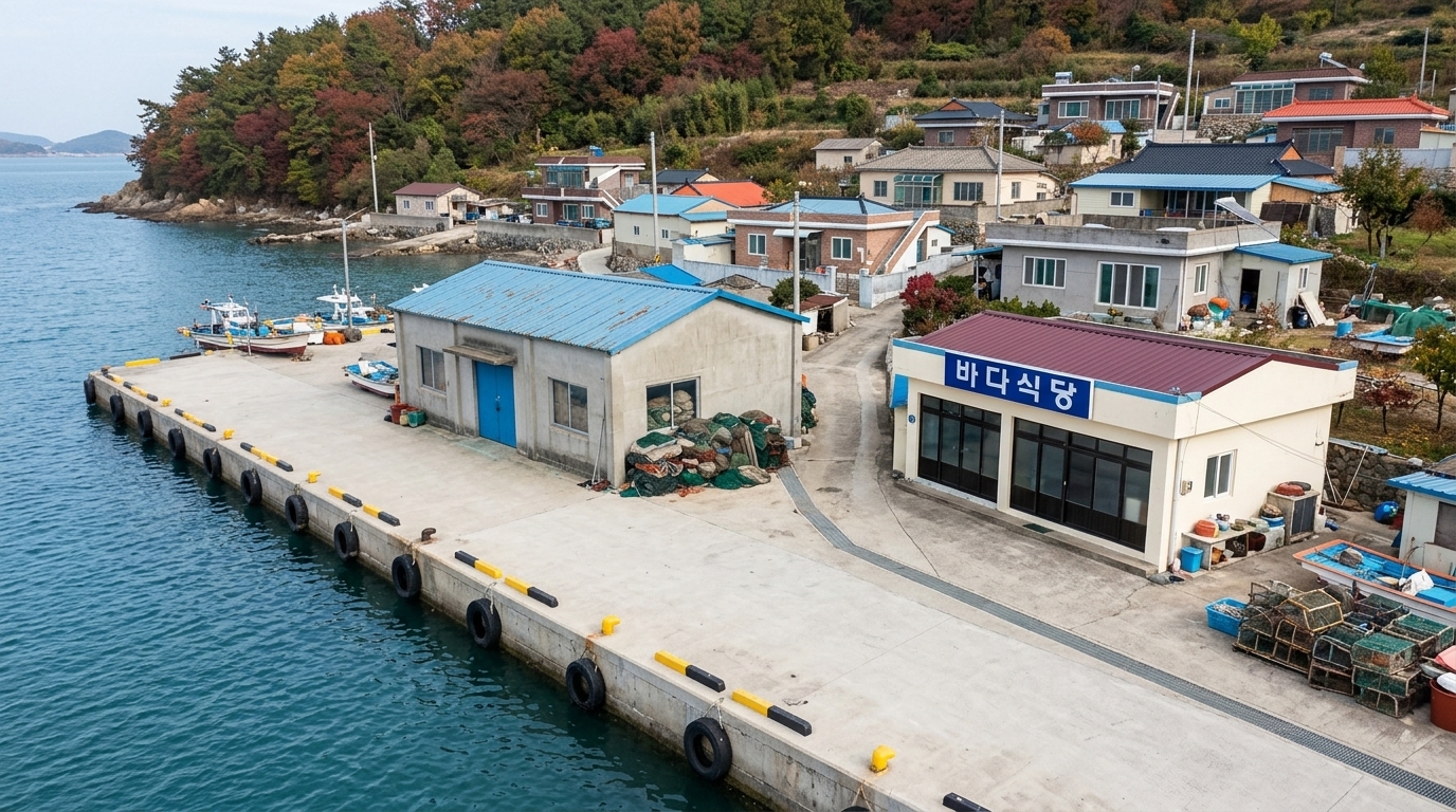 롤 A — ★ 선정. 9점 · 1위 · 주거 및 작업 환경이 있는 실제 마을의 모습을 잘 구현하여 통과입니다. 어구 창고는 부두를 향해 난 파란색 철제 문 1개와 부두를 내려다보는 창문 1개의 개수 조건을 정확히 충족하며, 식당 간판 역시 추가된 텍스트 없이 '바다식당'만을 정확하게 표기하여 지시문을 완벽하게 준수했습니다. 부두 역시 단차가 없는 단일 형태를 띠고 있습니다.