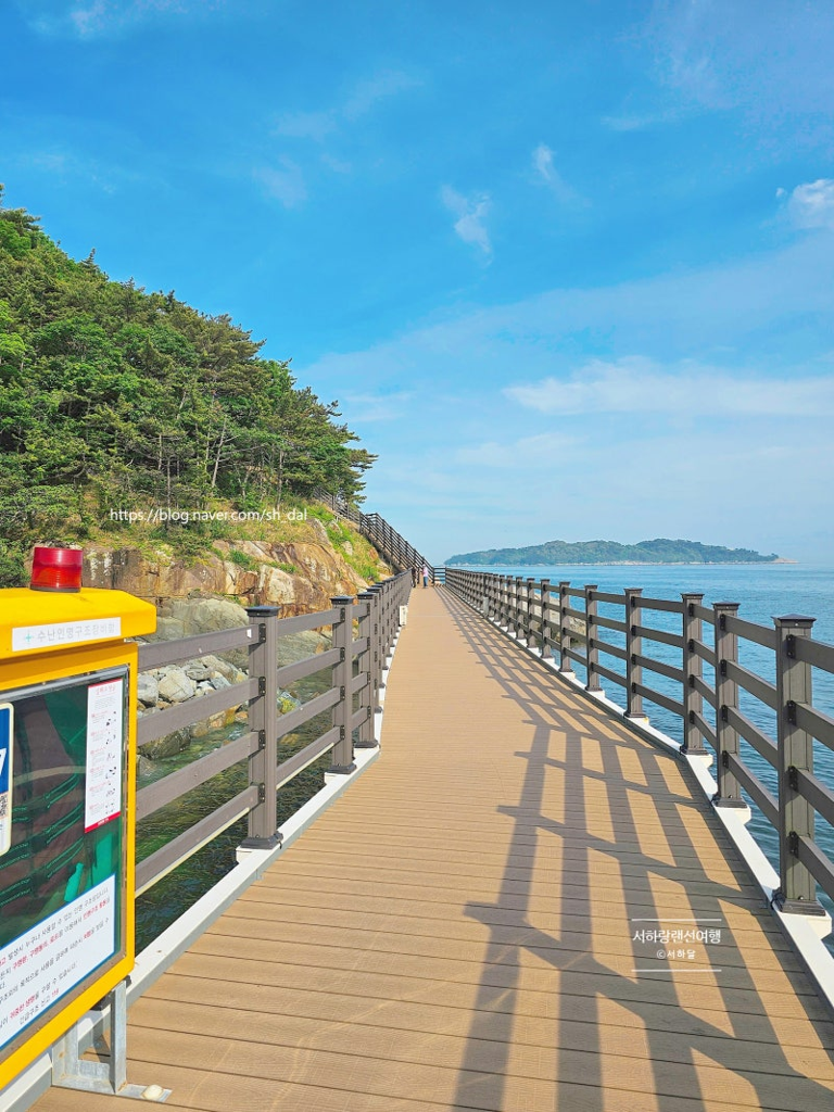 2. ★ 선택. gemini-pro: 한국 해안 암벽을 따라 조성되는 전형적인 데크형 해안 산책로의 구조와 재질을 매우 명확하게 보여줍니다. / gpt: 좁은 해안 데크길의 폭, 선형, 마감재, 양측 난간과 바다·암반의 관계가 또렷하게 읽히는 우수한 참고 사진이다.