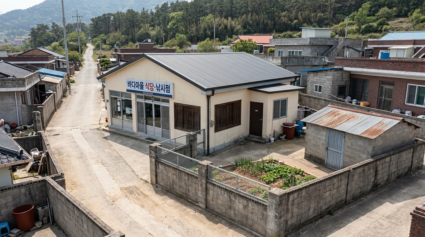 롤 C — 탈락. 5점 · 3위 · 측면에 돌출된 부속 건물을 추가해 직사각형 매싱을 위반했으며, 목재 격자창을 2개로 증식시키고 간판에 요구되지 않은 영문 텍스트를 임의로 추가하여 구조 및 간판 지침을 크게 어겼습니다.