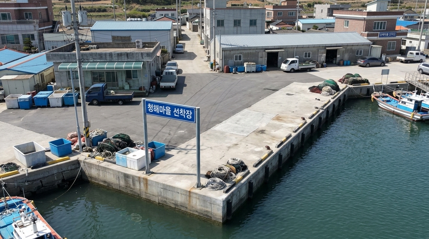 롤 B — 탈락. 3점 · 3위 · Hard violation on signage: the first character is generated as '평' instead of '청', misspelling the mandatory name. It also fails the negative transient constraint by depicting a fishing vessel moored directly at the dock's berth, and features unrequested readable text on a building to the right.
