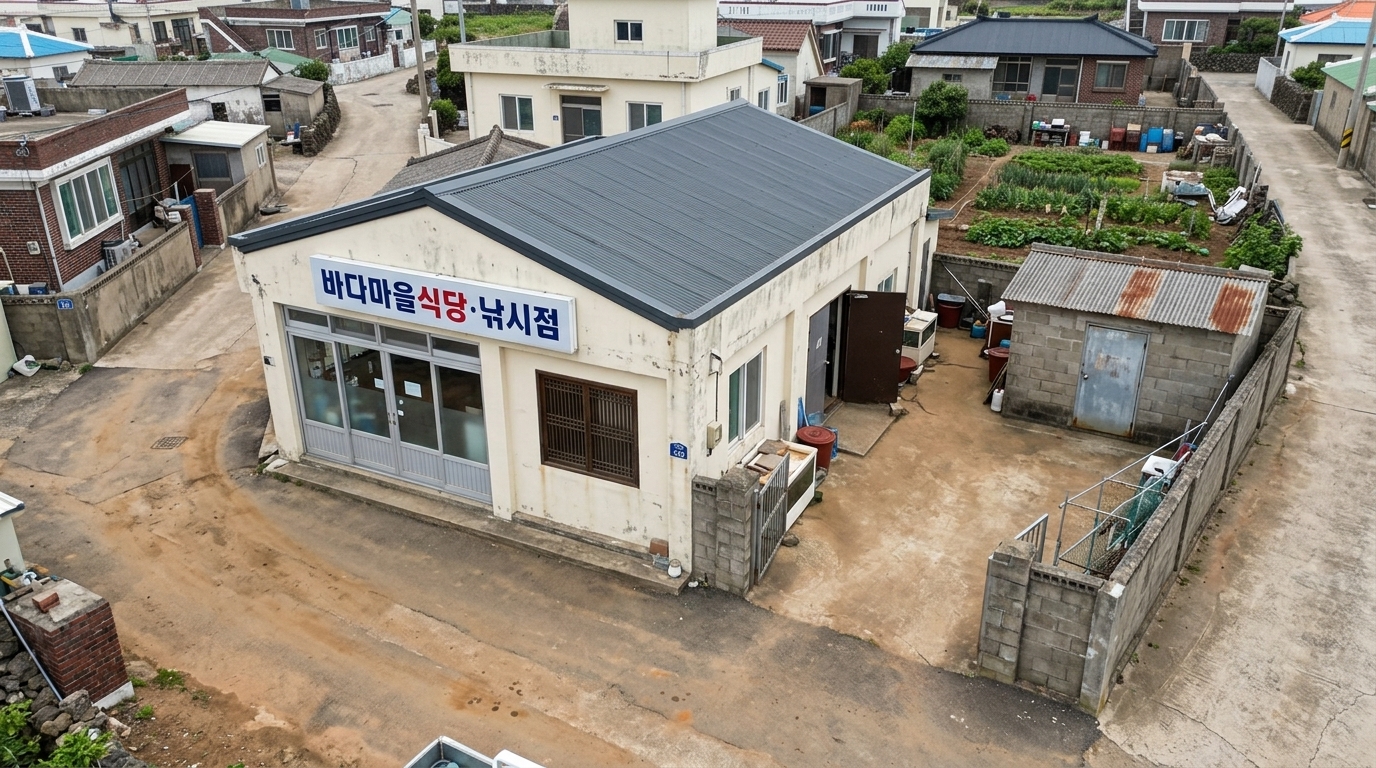 롤 B — 탈락. 7점 · 2위 · 지정된 1층 구조와 직사각형 매싱은 유지했으나, 간판 텍스트의 띄어쓰기가 누락되었고 지정된 텃밭을 마당 경계벽 너머 외부로 밀어내어 부지 구성 요건을 위반했습니다.