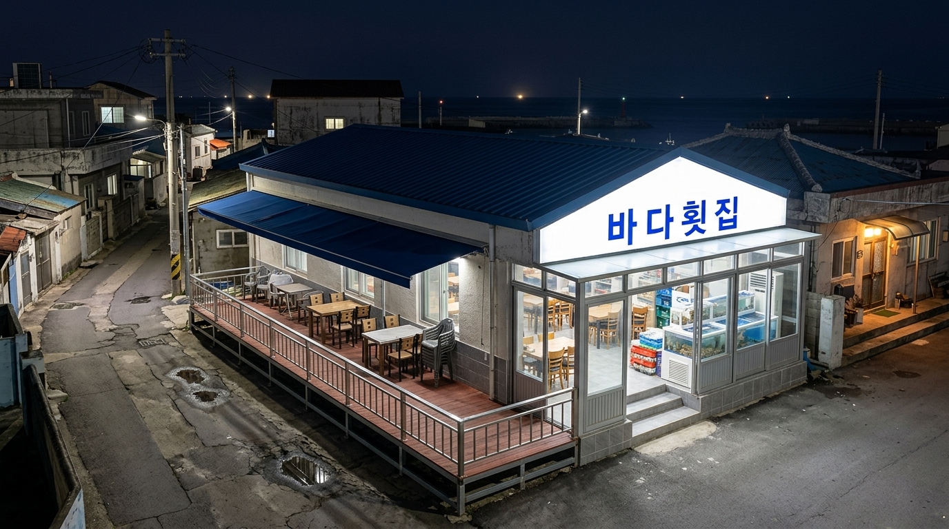 롤 A — 탈락. 6점 · 2위 · Shows 1 storey (matches 1). Accurately renders the materials, colors, and follows the signage rule perfectly with no extra readable text. However, it fails major directional and layout requirements: the fascia faces the street instead of the sea, and the 14m deck faces an alley rather than having an outward view toward the offshore sea.