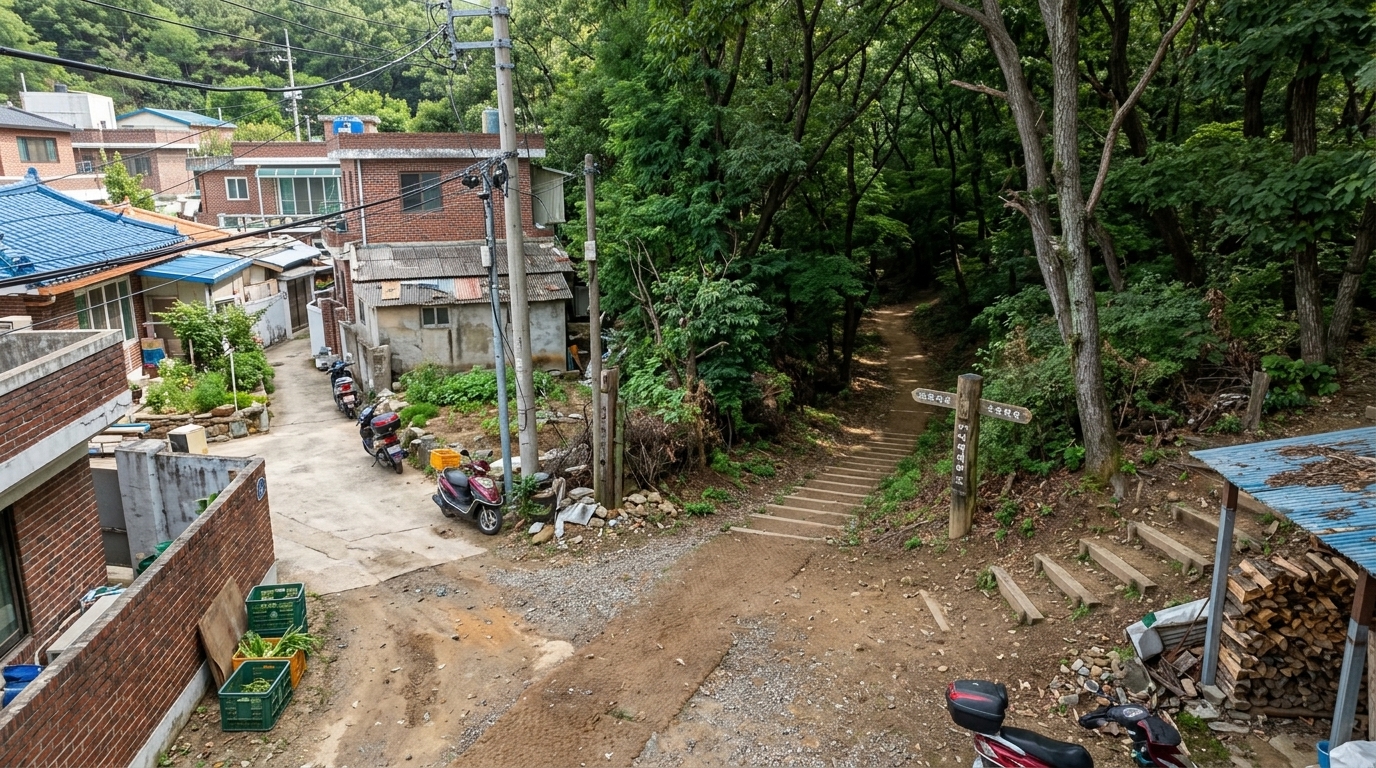 롤 C — 탈락. 7점 · 2위 · Captures the descending terrain and inhabited village edge, but the path construction is less faithful to the reference than A, and the scene is cluttered with illogical loose wooden steps resting on the right-side dirt mound.