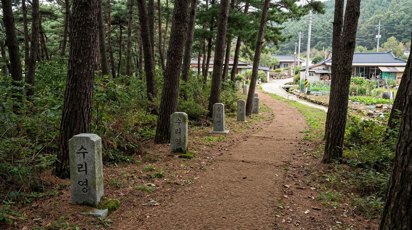 롤 A — 탈락. 4점 · 3위 · The lettering on the distant markers degrades into incorrect characters (e.g., '수머명'), failing the strict signage requirement. Additionally, the stones are identical, manufactured steles placed on uniform plinths, contradicting the 'individually shaped' instruction and the provided rough-hewn form reference.