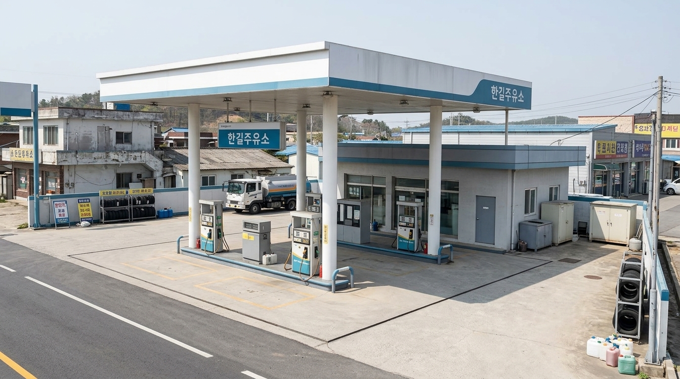 롤 C — 탈락. 4점 · 3위 · Passes inhabited neighborhood check. Storeys: 1 (matches brief). Entirely misses the required freestanding roadside identification sign and includes abundant uncommitted readable text on background structures.